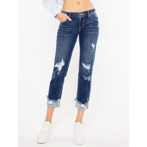 KanCan Mid Rise Slim Distressed Raw Hem Boyfriend Jeans Juniors Size 15/31 EUC - Picture 1 of 14